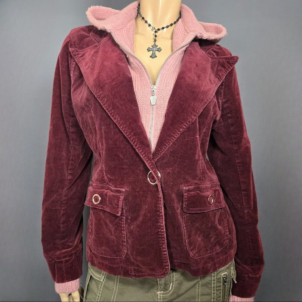 Y2K Lady Dutch Fitted Jacket Coat Size L Burgundy Corduroy Pink Knit Hooded